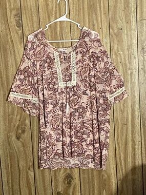 Carol Rose Pink Paisley Peasant Tunic with Lace Trim